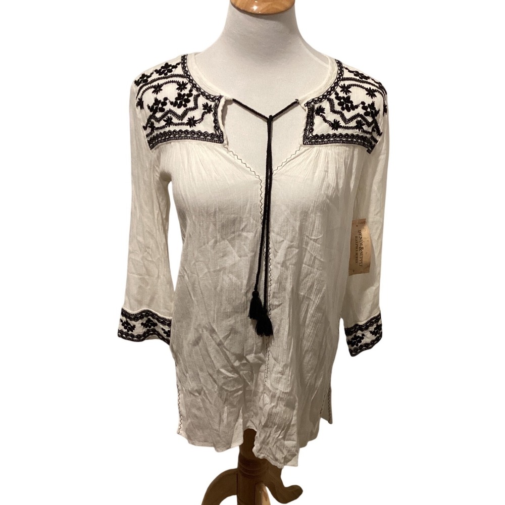 DENIM SUPPLY RALPH LAUREN‎ White Embroidered Tassel Tunic Top Womens XS/TP